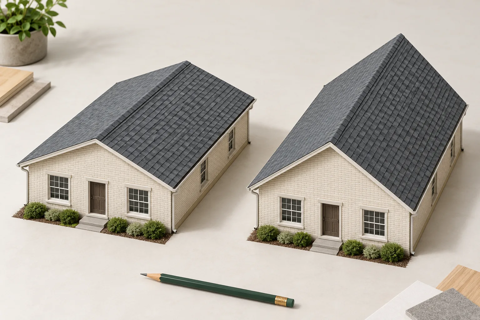 Two illustrative house models with similar footprints and different roof slopes